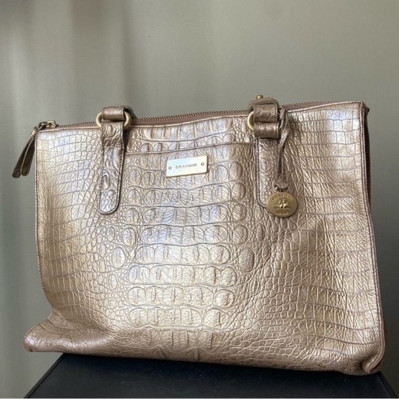 Brahmin | Pyrite Silver Champagne Gold Crocodile Alligator Leather Tote Bag - Picture 2 of 16